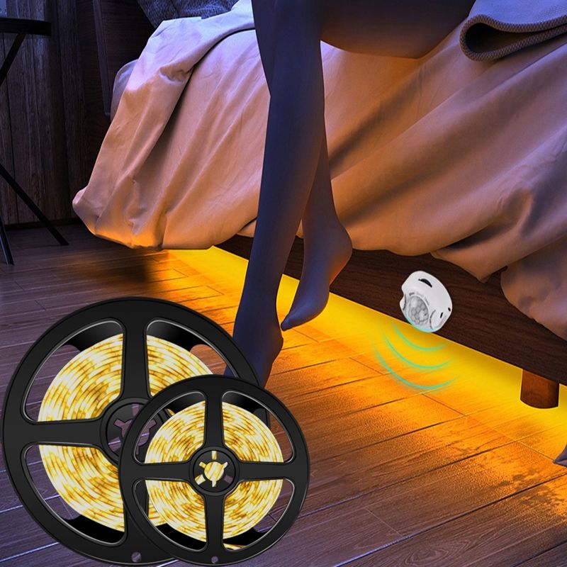5m Wireless PIR Motion Sensor LED Strip Light 12V Smart Stair Cabinet Wall Lamp, EU Plug(Warm White Light)