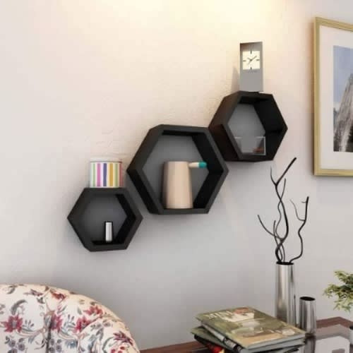Hexagon Decor Floating Wooden Wall Shelves- Black