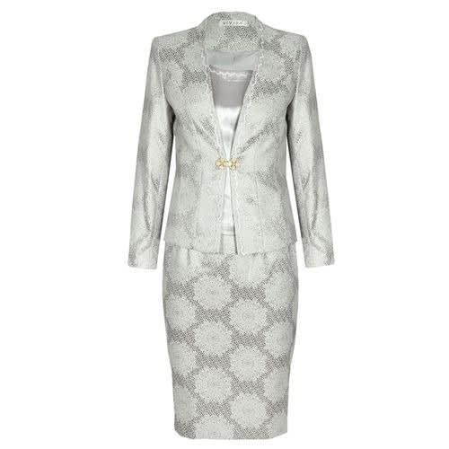 Floral Detailed 3 Piece Ladies Skirt Suit - Silver-  Lss-4918