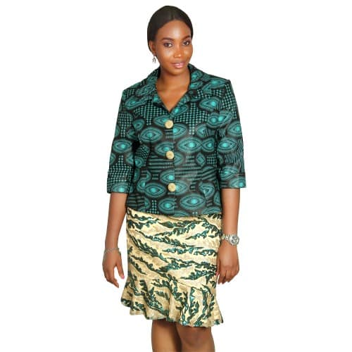 Ladies Ankara Skirt Suit With A Gold Button - Green & Black - Lss-4627