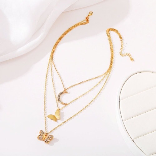 Crescent And Butterfly Layered Necklace- Gold