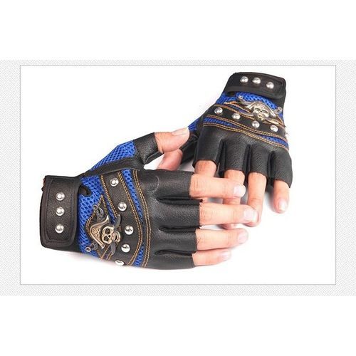 Skulls Rivet PU Leather Fingerless Gloves Fashion Hip Hop Men Women's Gym Gloves Mitts Female Moto Mittens Men's Gloves(#Blue)