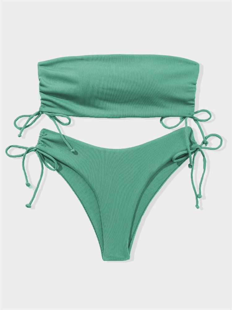 (Green)2022 New Split Two Piece Tube Top Bikini Solid Color Y Ladies Swimwear