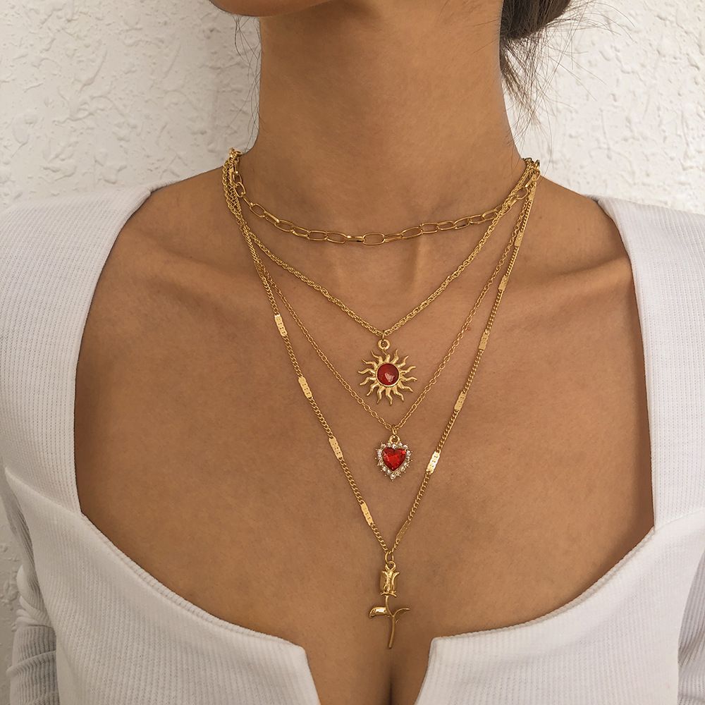 Girls Fashion Choker Vintage Sun Heart Flower Multilayer Necklace