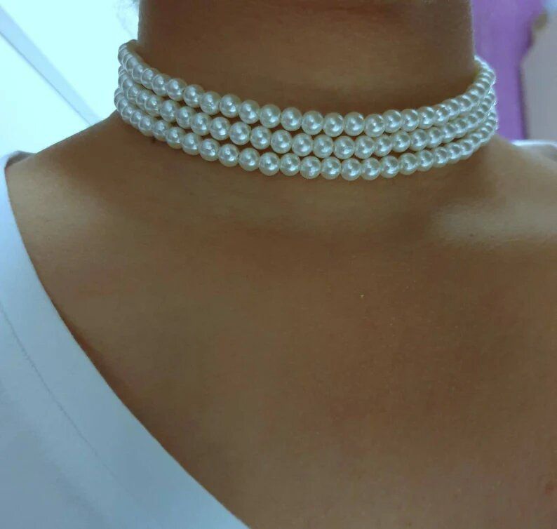 Elegant 3 Layered Acrylic Pearl Choker Necklace