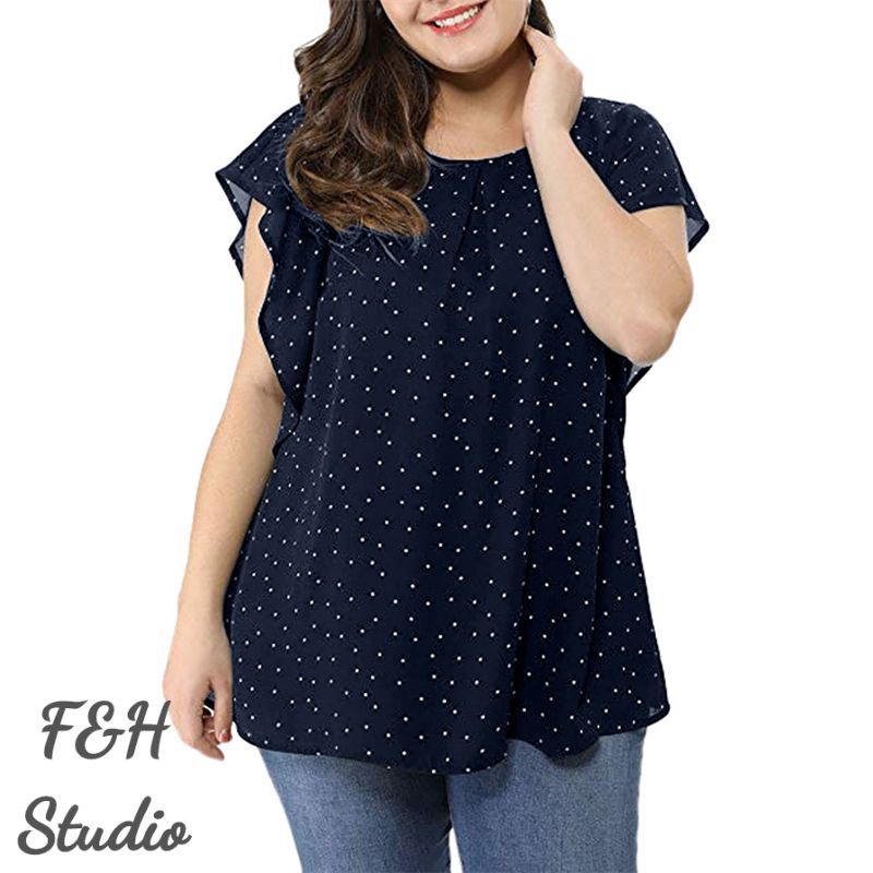 3564 L-5XL Ruffle Sleeves Plus Size Polka Dot Blouse Navy