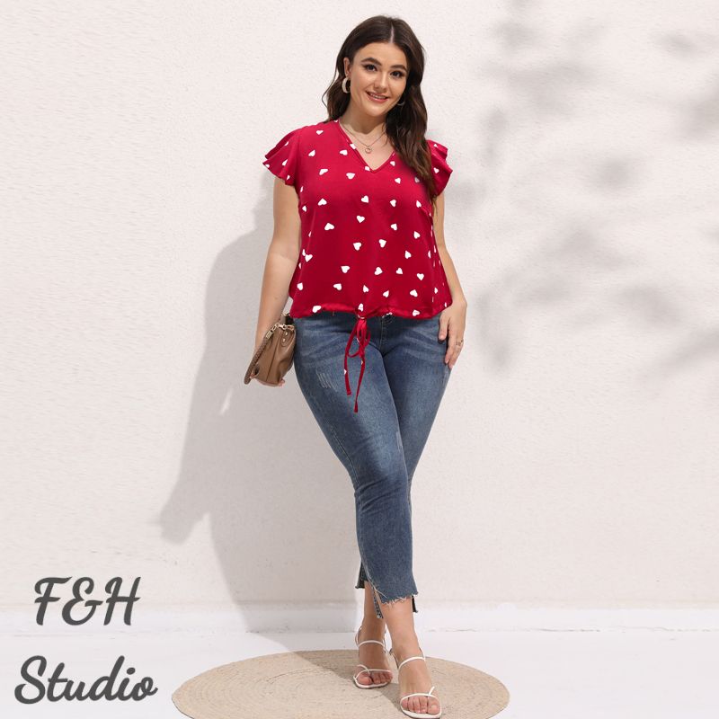 3565 L-4XL Polka Dot Print V Neck Women Plus Size Blouse Red