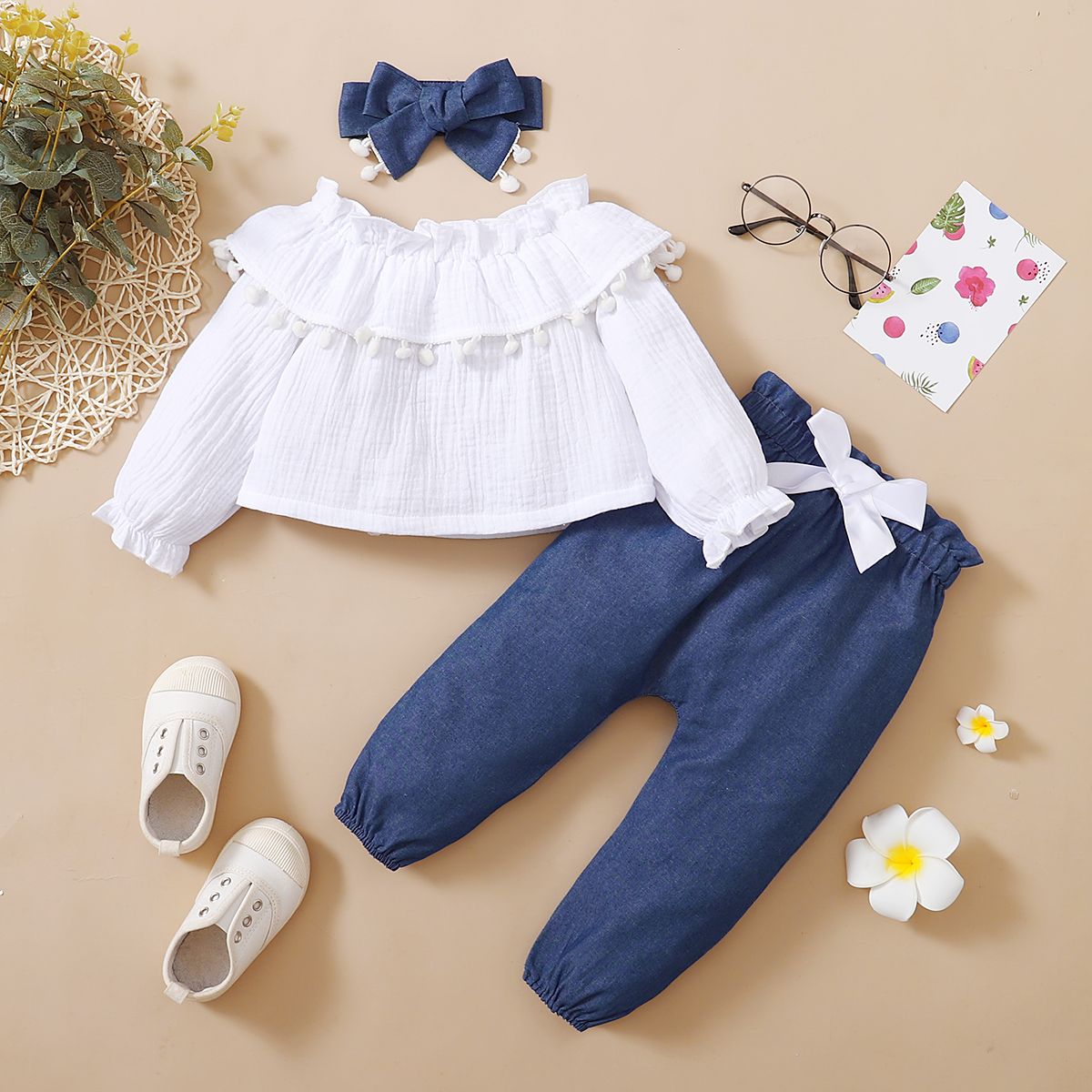 Baby Girls Holiday Partywear Long Sleeves Shirt With Pon-pom Balls Blue Pants