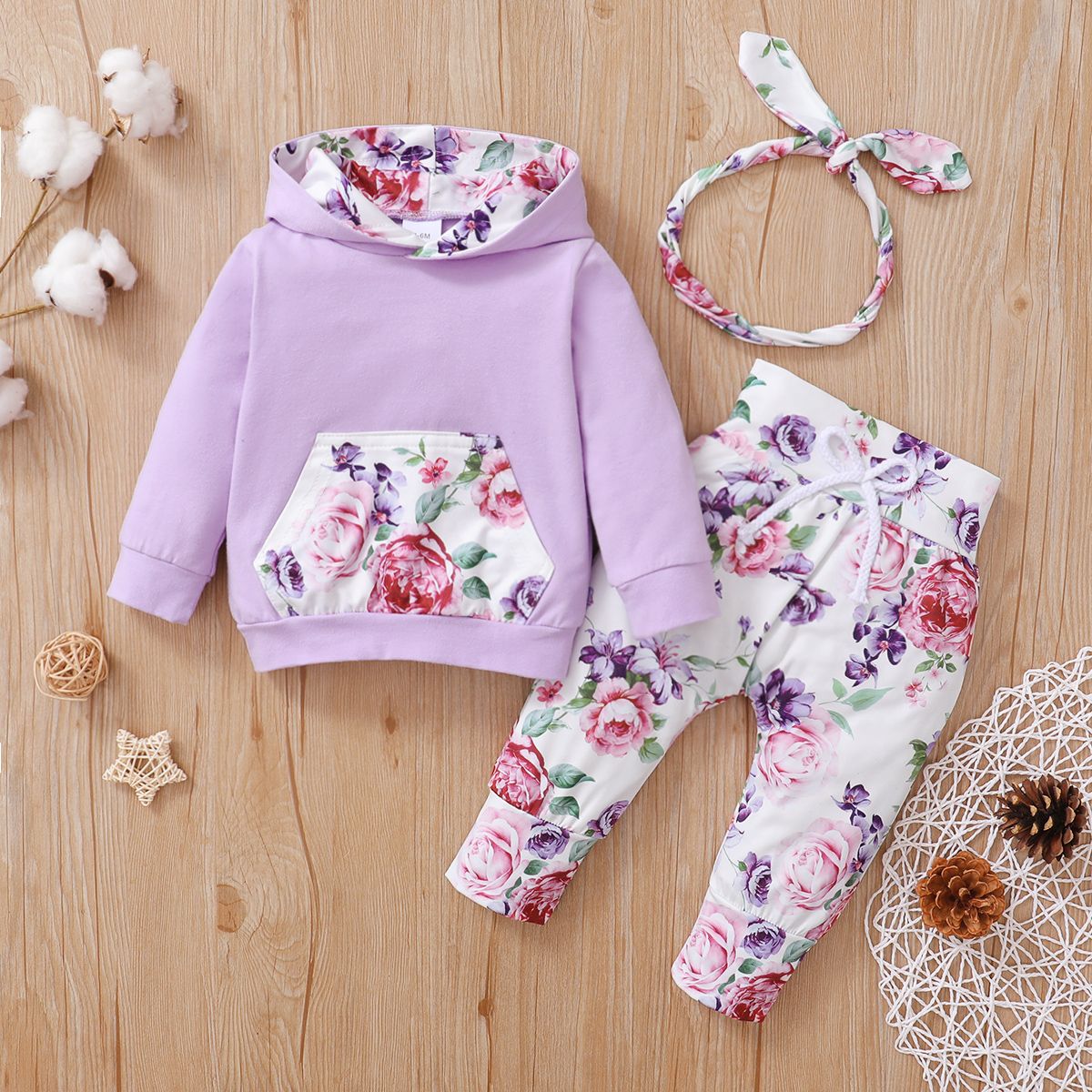 Baby Girls Long Sleeves Rose Floral Hoodie With Pants -Purple