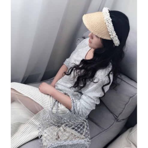Women's Clustered Pearl Visor Hat - Beige