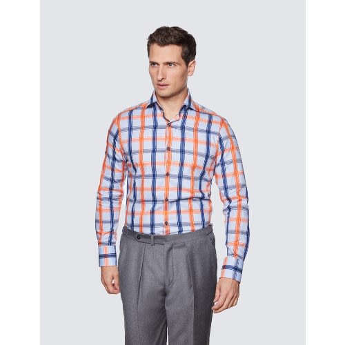 Men's Curtis Blue & Orange Check Slim Fit Shirt - High Collar
