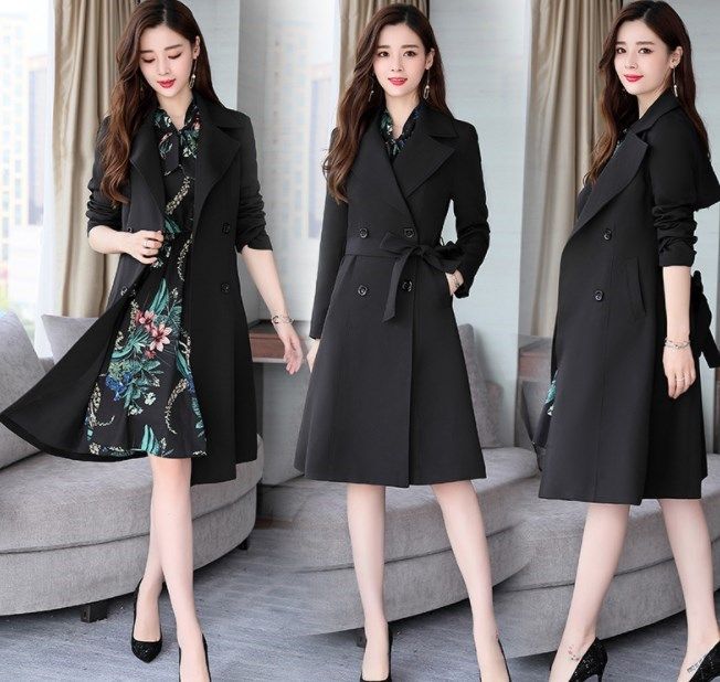 Clearance Spring Ladies Dress Suits For Office Wear Long Trench Coat-Black