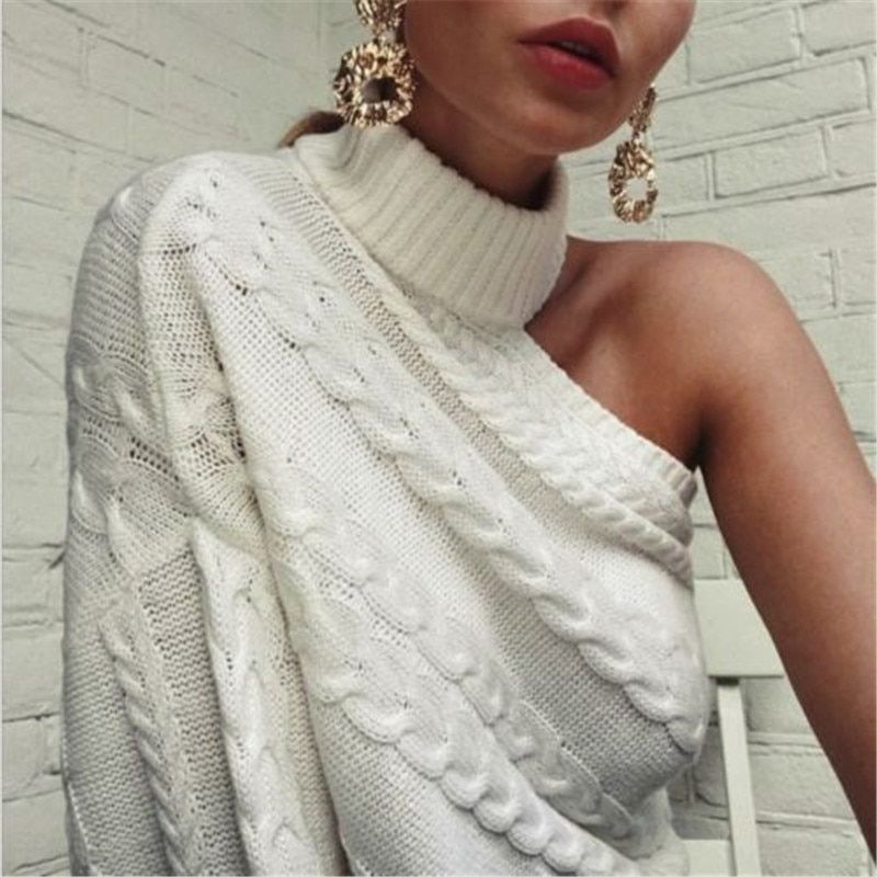 Trendy Women Clothes Long Sleeve Knitted One Shoulder Sweater Solid Turtle Neck Pullover Outwear One Pieces(#White)