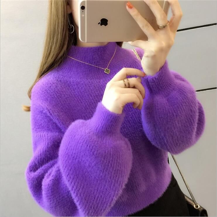Women's Casual Mink Cashmere Turtleneck Lantern Sleeve Crop Sweater Loose Knitted Purple Pullover Oversize Jumper Tops New Q9238(#Purple)