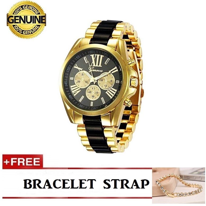 Wrist Watch Rhinestone Black And Gold + Free Gift Bracelet