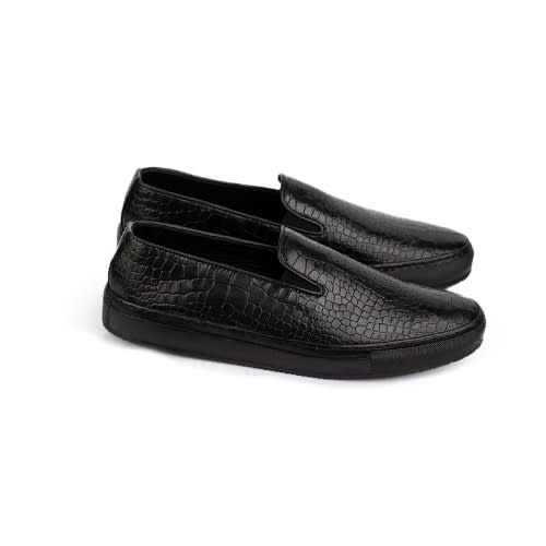 Men's Crocodile Print Leather Sneakers - Black