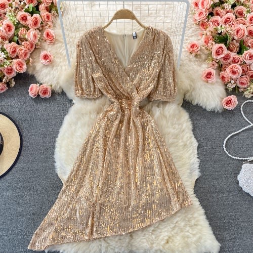 Asymmetrical Sequin Dress - Gold