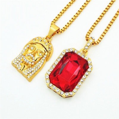 Gold Plated Chains with Jesus & Red Ruby Pendants