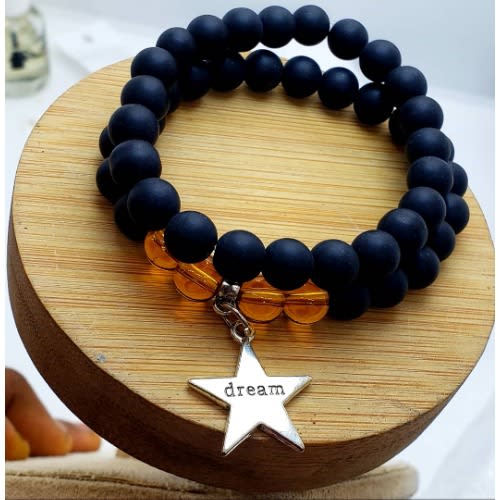 Men's Obsidian Beads Bracelet - 2 Pieces -  Black