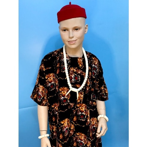 Children Boys Igbo Cultural Wear Set - White Beads+Cap And Velvet Isiagwu- Black