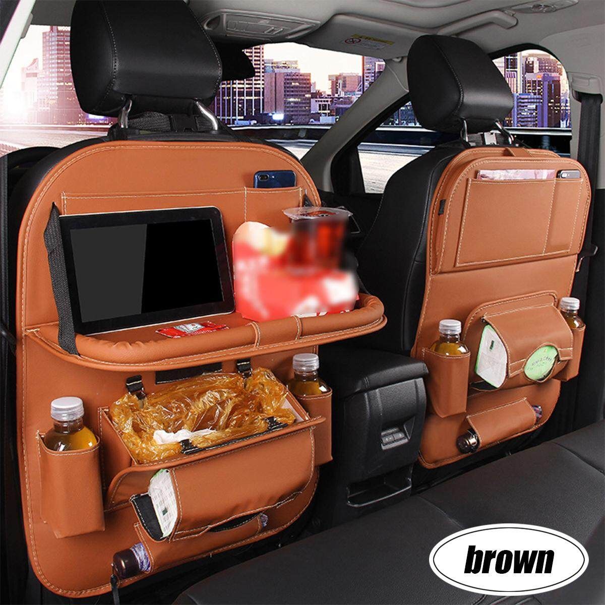 1pc Car Seat Back PU Leather Organizer Tidy Pocket Storage Bag Holder Table Travel Brown