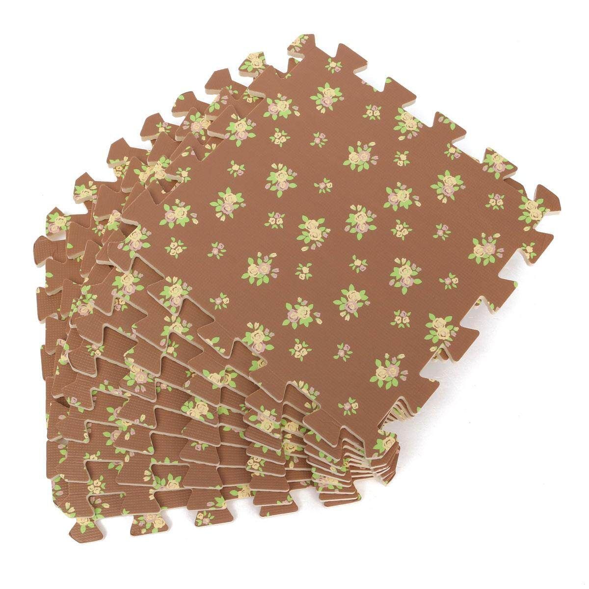 9PCS Wood Interlock EVA Foam Floor Puzzle Pad Work Gym Mat Kid Safety Play Rug Coffee Flower