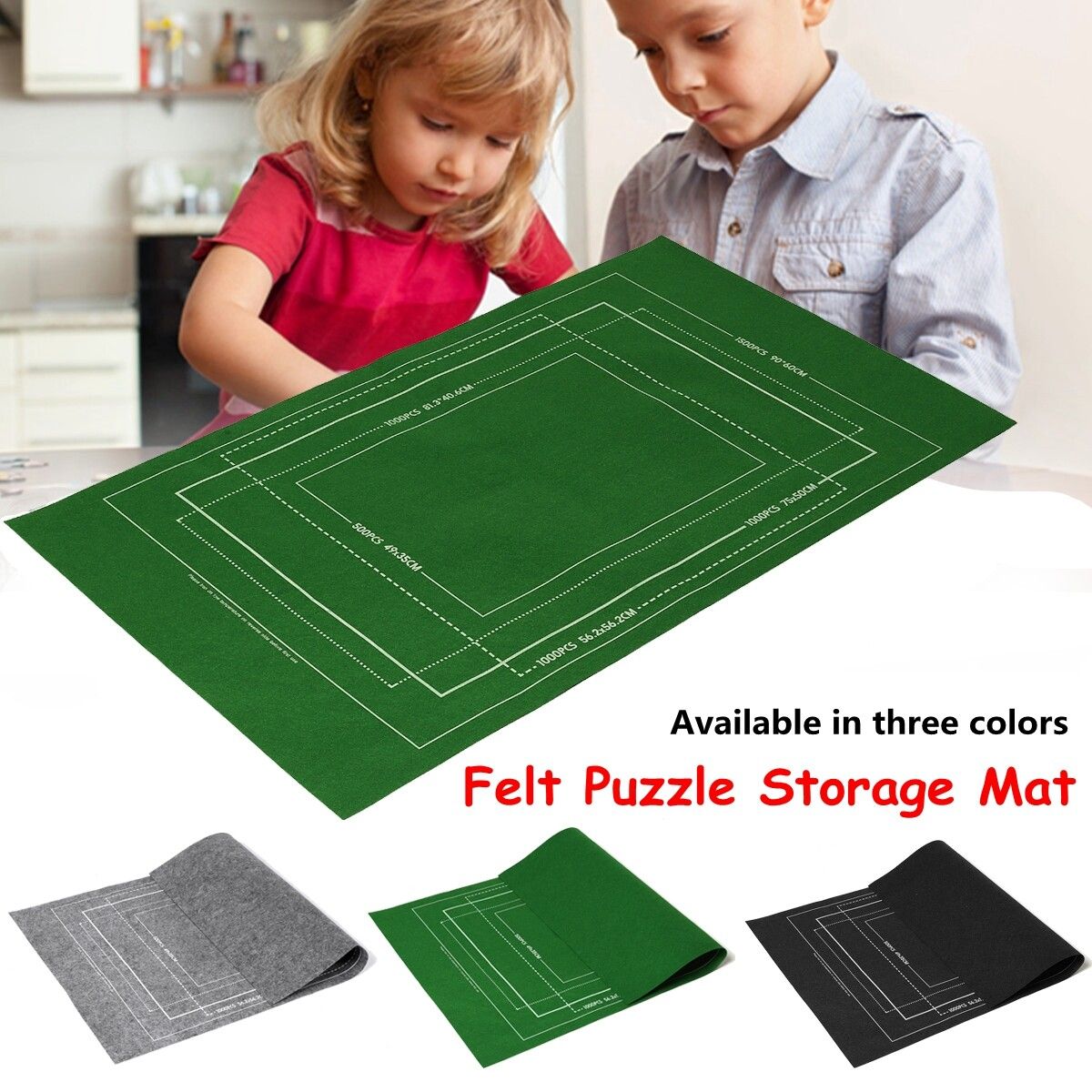 1500 Pieces Of Storage Blanket Felt Puzzle Storage Mat Felt Puzzle Blanket 66X116 -Black/Green/Gray Grey