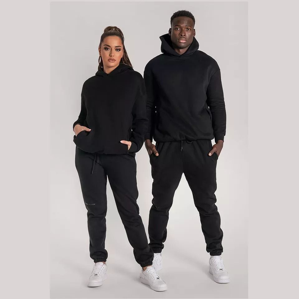 Simple Casual 2 In 1 Sweatshirt Hoodie And Joggers - Couple Up And Down - Black