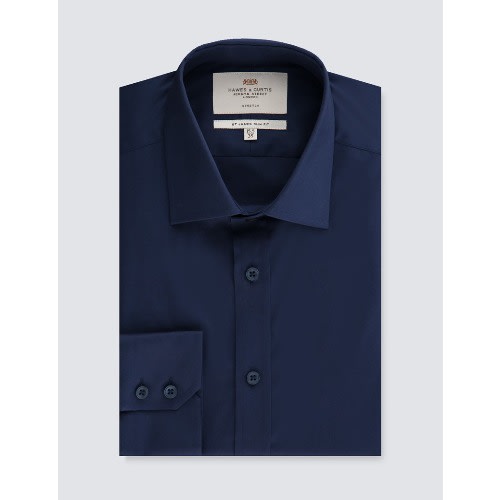 Men's Formal Navy Slim Fit Cotton Stretch Shirt - Single Cuff