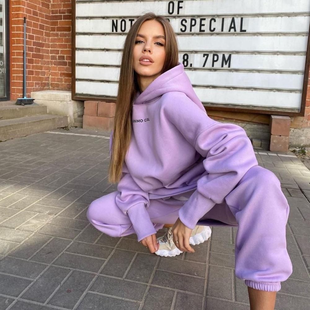(PURPLE)2021 Sport Wear Hoodies Women Streetwear Two Piece Set Tracksuit Outerwear Pullover Suits Fashion Outfits Ropa Mujer Invierno GRE