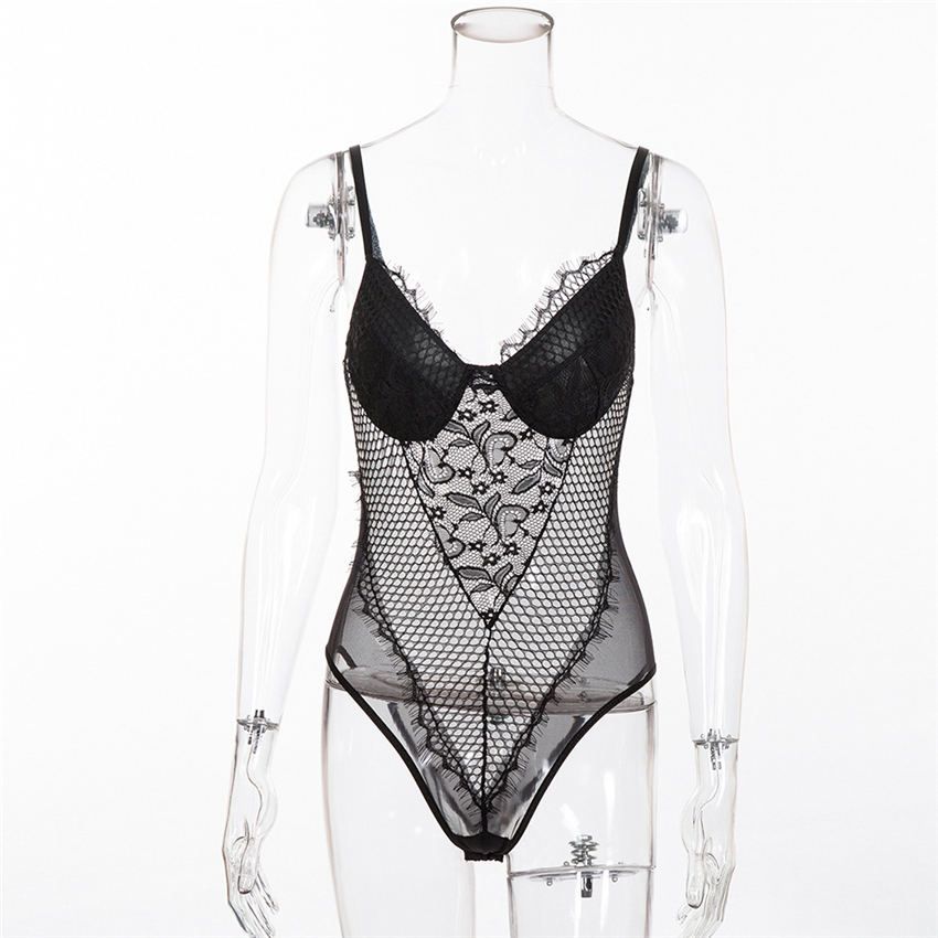 Summer Lace Bodysuit Women Floral Embroidery Hollow Out White/Black Sexy Bodysuit Jumpsuit Overalls(#Black)