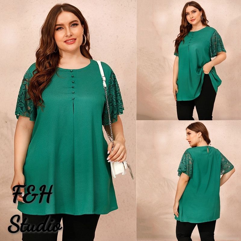 XL-4XL Round Neck Short Sleeve Button Decoration Plus Size Blouse Green 2640