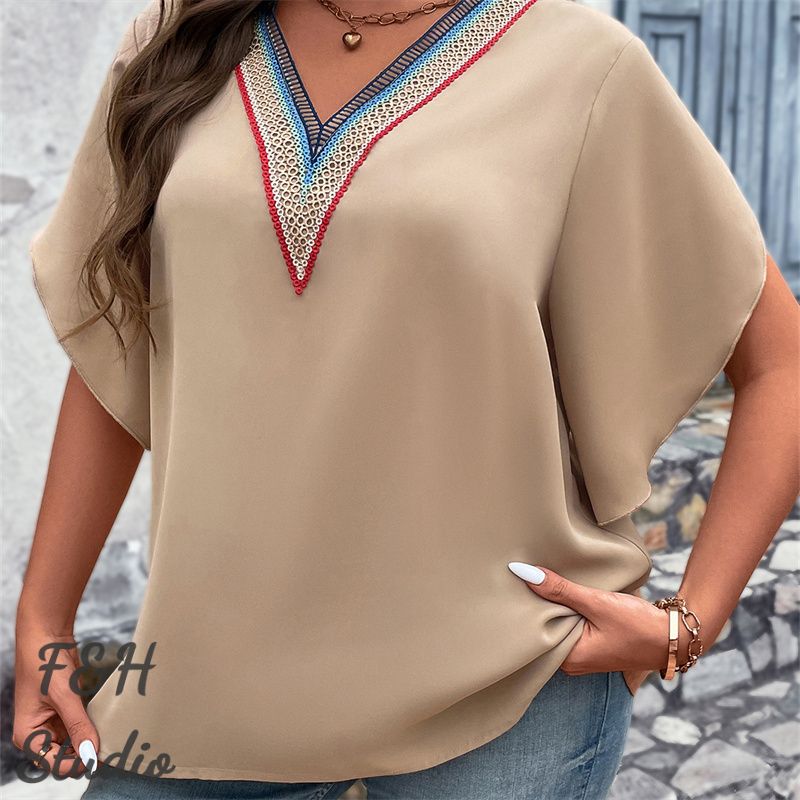 F&H 3607 XL-4XL V Neck Short Sleeve Plus Size Blouse