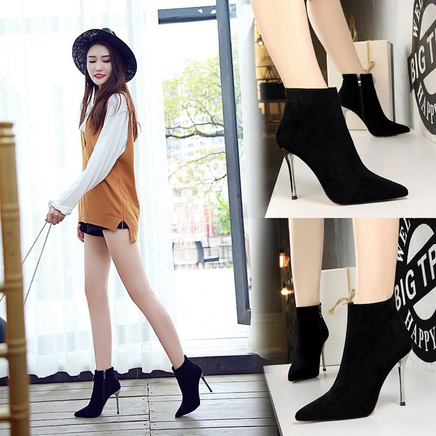 Ladies Pointed Toe Suede Shoes Women's Simple Stiletto High Heels Boots Black
