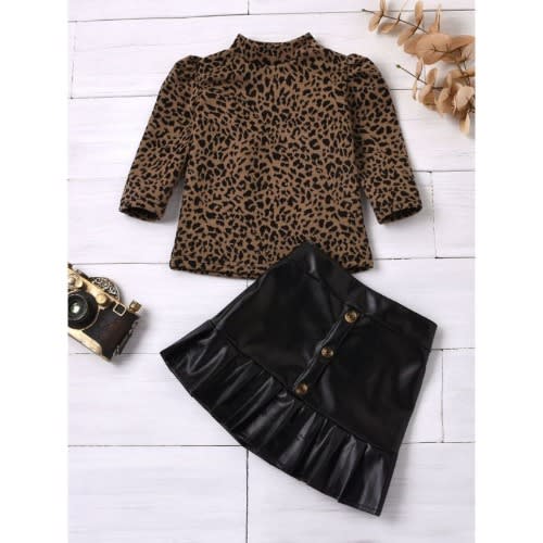 2 Pieces Kid Girl Leopard Puff Sleeve Top With Pu Ruffle Hem Skirt Set