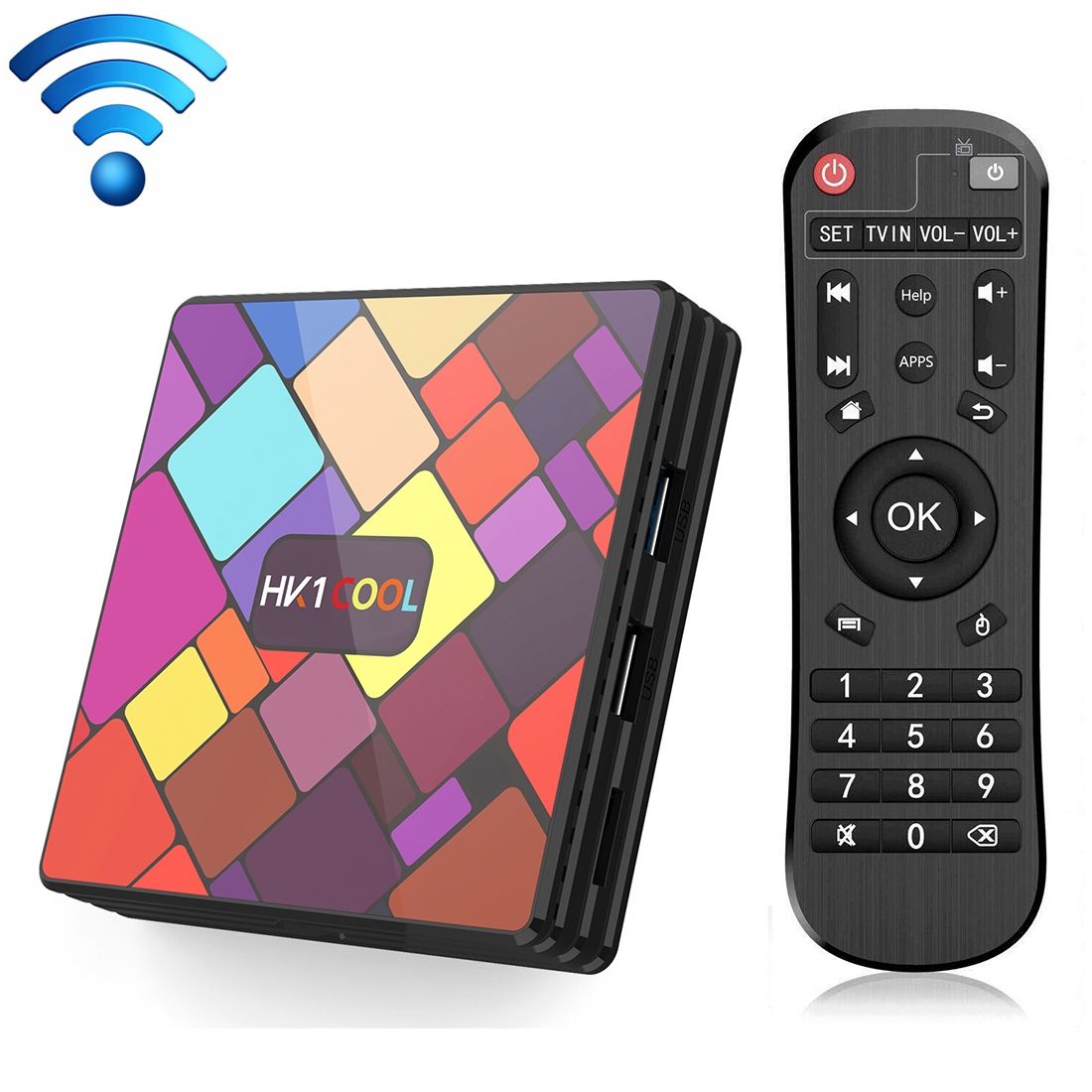 HK1COOL 4K UHD Smart TV Box With Remote Controller, Android 9.0 RK3318 Quad-core Cortex-A53, 4GB+64GB, Support WiFi & BT & AV & HDMI & RJ45 & TF Card