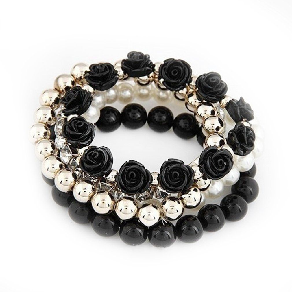 Mix Flower Beads Stretch Bracelet Temperament Alloy Resin Rhinestone Bangle