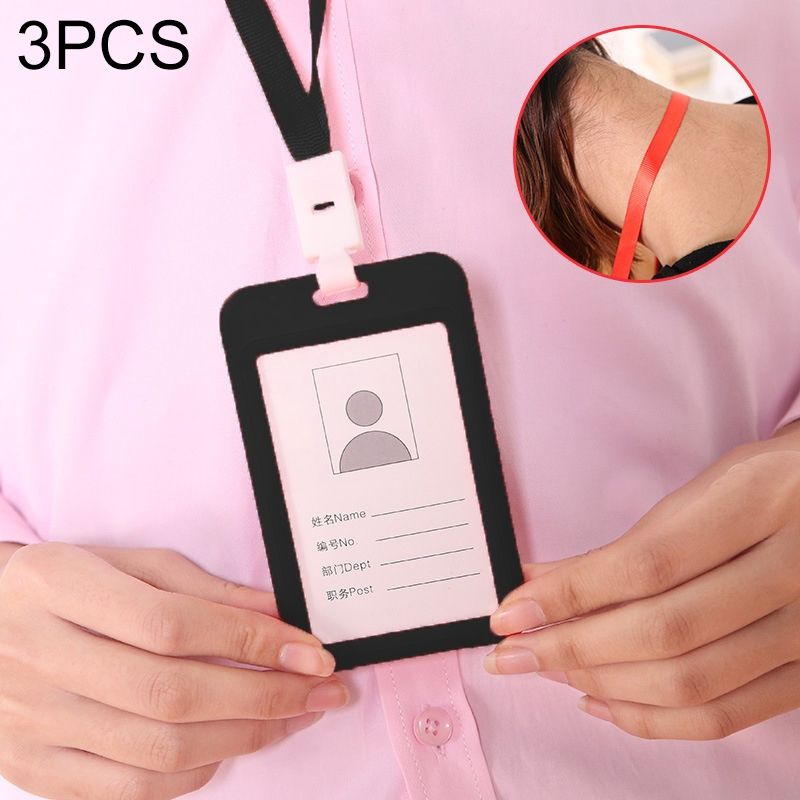 3 PCS Credit Card Holders PU Bank Card Neck Strap Bus Card ID Card Holder Identity Badge With Lanyard(Black)