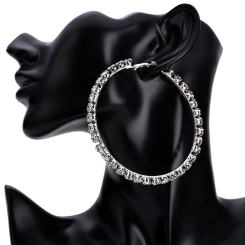 Hoop Round Rhinestone Circle Earring -Silver