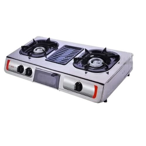 Table Top Cooker With Grill - 2 Burner - Silver