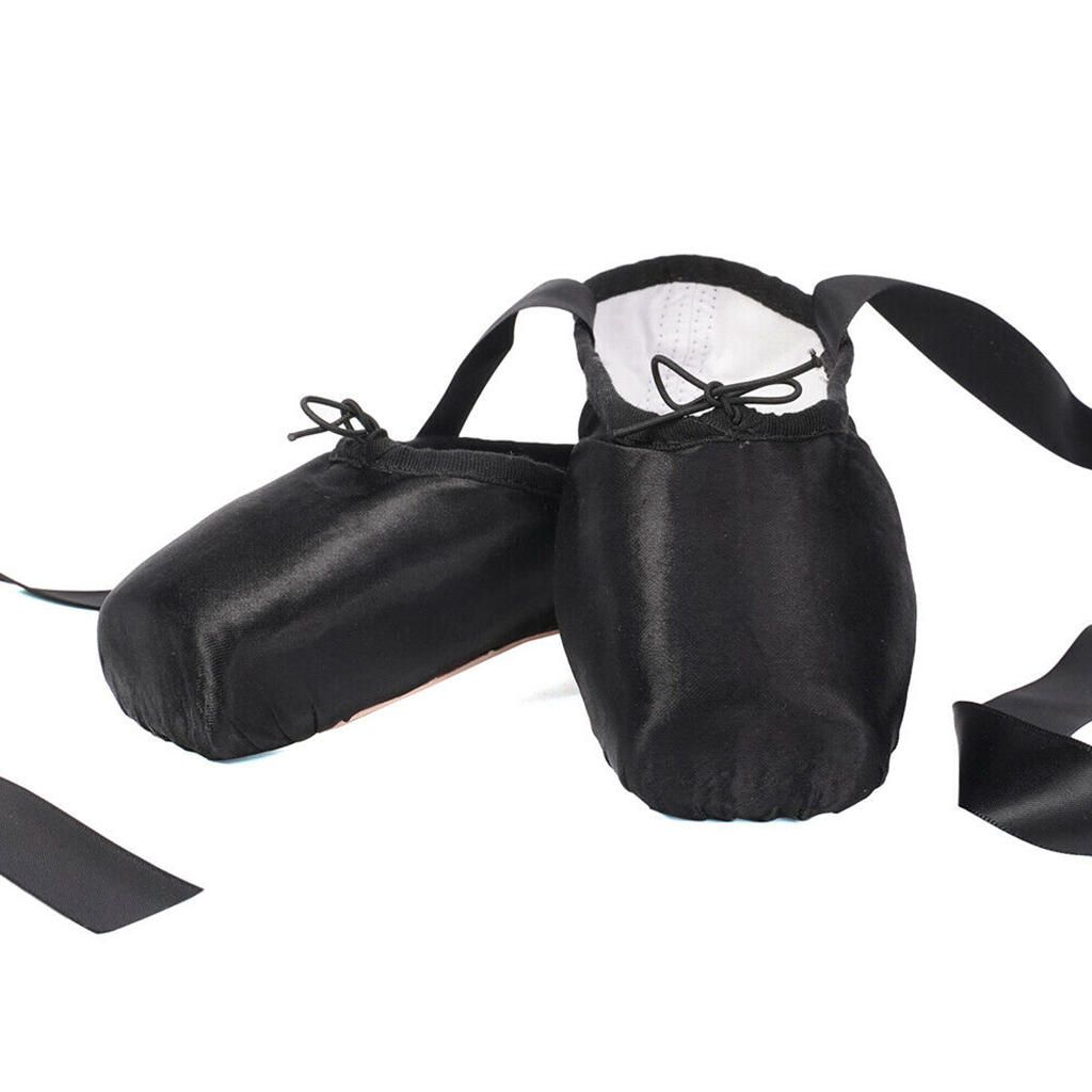 Ballet Pointe Shoes Satin Upper With Ribbon Dance Flat Sole Black 38