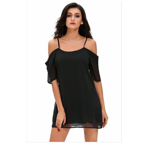Off Shoulder Chiffon Mini Dress - Black