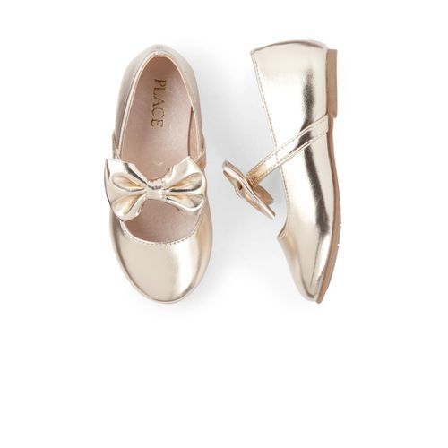 Girls Metallic Glitters Bow Strap Ballet Flats- Gold