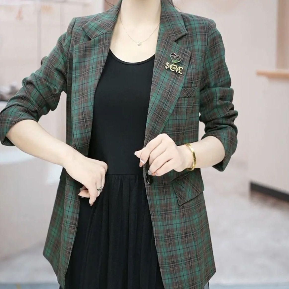 Suit Jacket for Women 2023 Spring New Western Style plus Size Slim Fit Slimming Versatile Long Sleeves Plaid Suit Fashionable Top