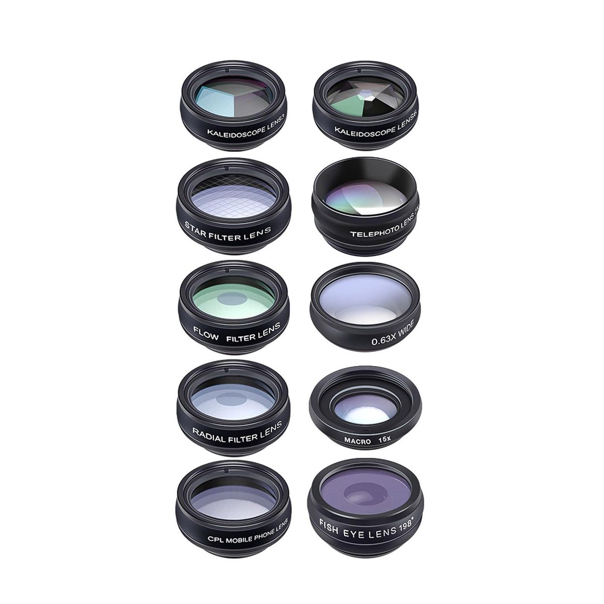 APEXEL 10 in 1 Phone Camera Lens Kit with 0.63X Wide Angle + 15X Macro + 198°Fisheye + 2X Telephoto + CPL + Star Filter + Radial Filter + Flow Filter + Kaleidoscope 3 + Kaleidoscope 6 Compatible with Android iPhone