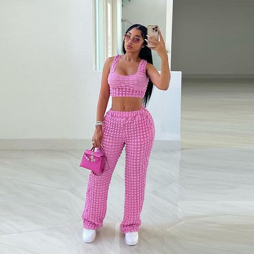 Stacked Two Piece Set Women Square Collar Camisole+ High Waist Straight Pant