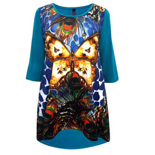 Ivans Plus Size Butterfly Printed Front Panel Dipped Back Tunic Top - Turquoise