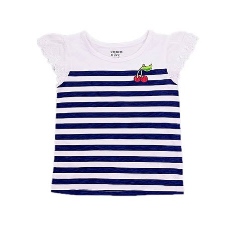 Girls Colour Block Striped Lace Flutter Sleeve Top By Crown And Ivy- White