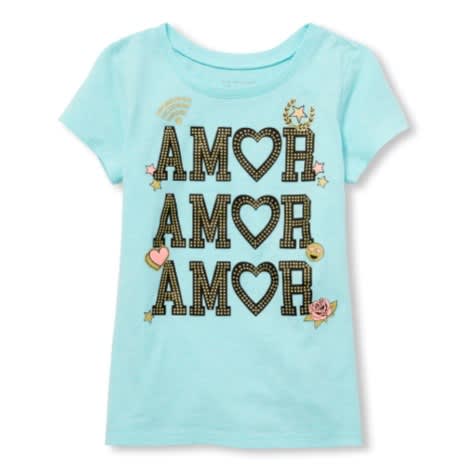 Girls Short Sleeve Glitter 'amor' Graphic Top- Sea Blue