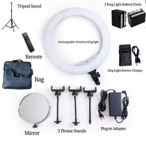 Ring Light  LED 18 Inches Universal Dimmable Ring Light With Rechargeable Backup Battery, Charger, Tripod Stand, Mirror, Adapter & 3 Phone Holders